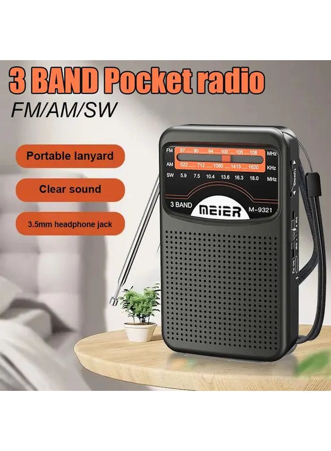 راديو أسود محمول AM/FM مع شحن USB وبطارية قابلة لإعادة الشحن ومقسم سماعات الرأس - Image 2